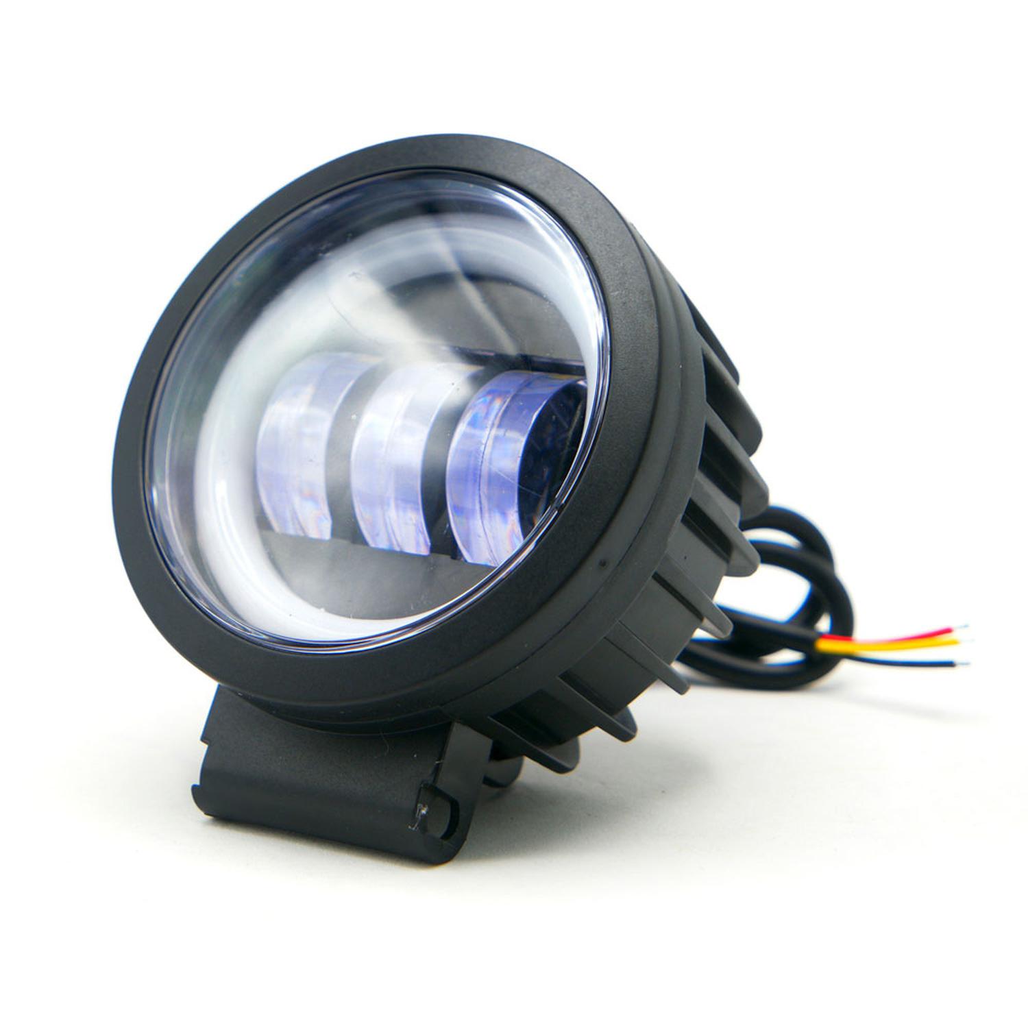 FARO AUXILIAR LED CON LUPA REDONDO CON 3 LED OJO DE ANGEL CON LUZ BLANCA FIJA Y ESTROBO PARA MOTOCIC