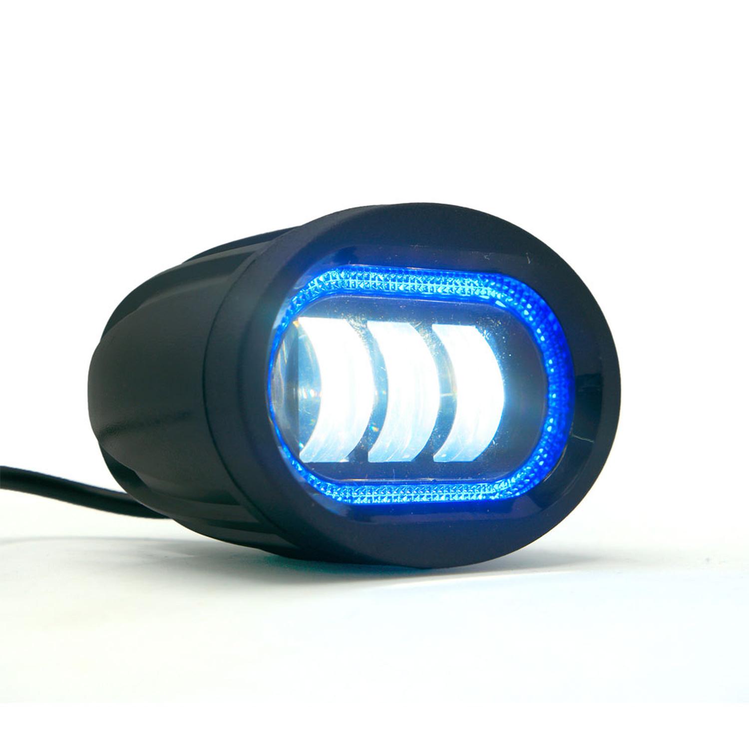 FARO LED 3 OJOS BLANCO CON LUPA CONTORNO DE ANGEL CON LUZ ALTA, BAJA Y ESTROBO PARA MOTOCICLETA