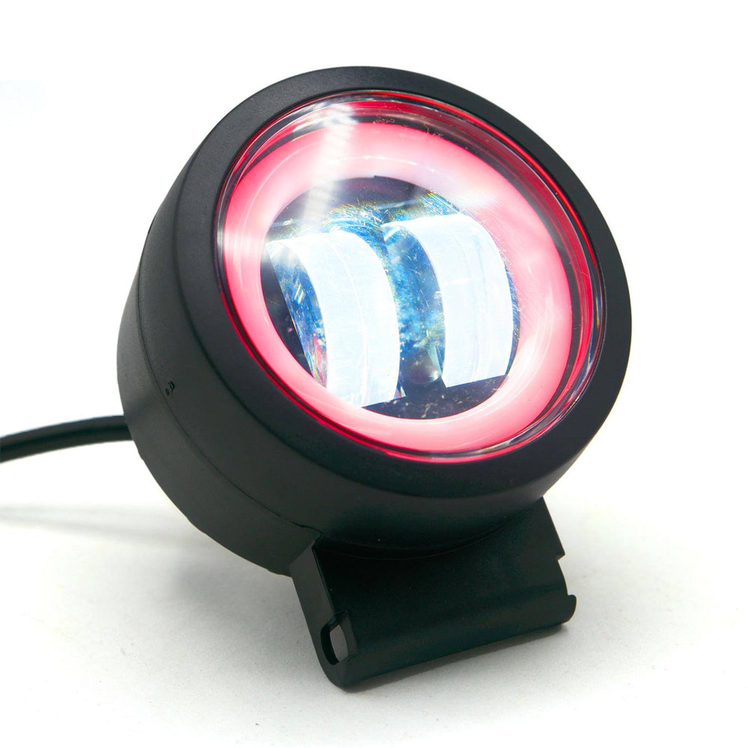 FARO AUXILIAR LED CON LUPA REDONDO CON 2 LED OJO DE ANGEL CON LUZ BLANCA FIJA Y ESTROBO PARA MOTOCIC