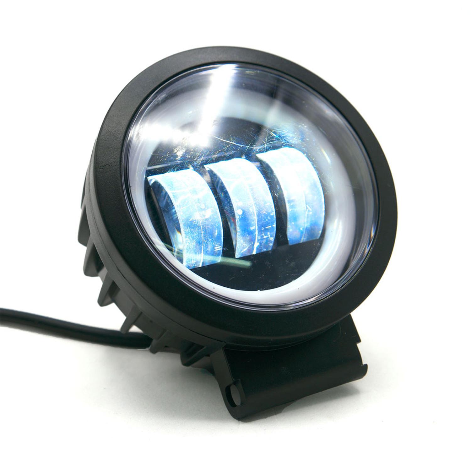 FARO AUXILIAR LED CON LUPA REDONDO CON 3 LED OJO DE ANGEL CON LUZ BLANCA FIJA Y ESTROBO PARA MOTOCIC