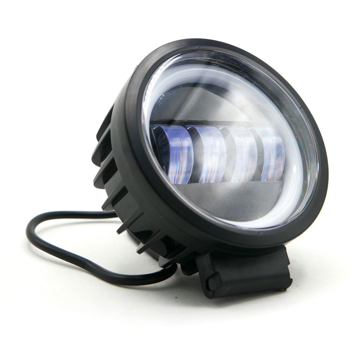 FARO AUXILIAR LED CON LUPA REDONDO CON 4 LED OJO DE ANGEL CON LUZ BLANCA FIJA Y ESTROBO PARA MOTOCIC