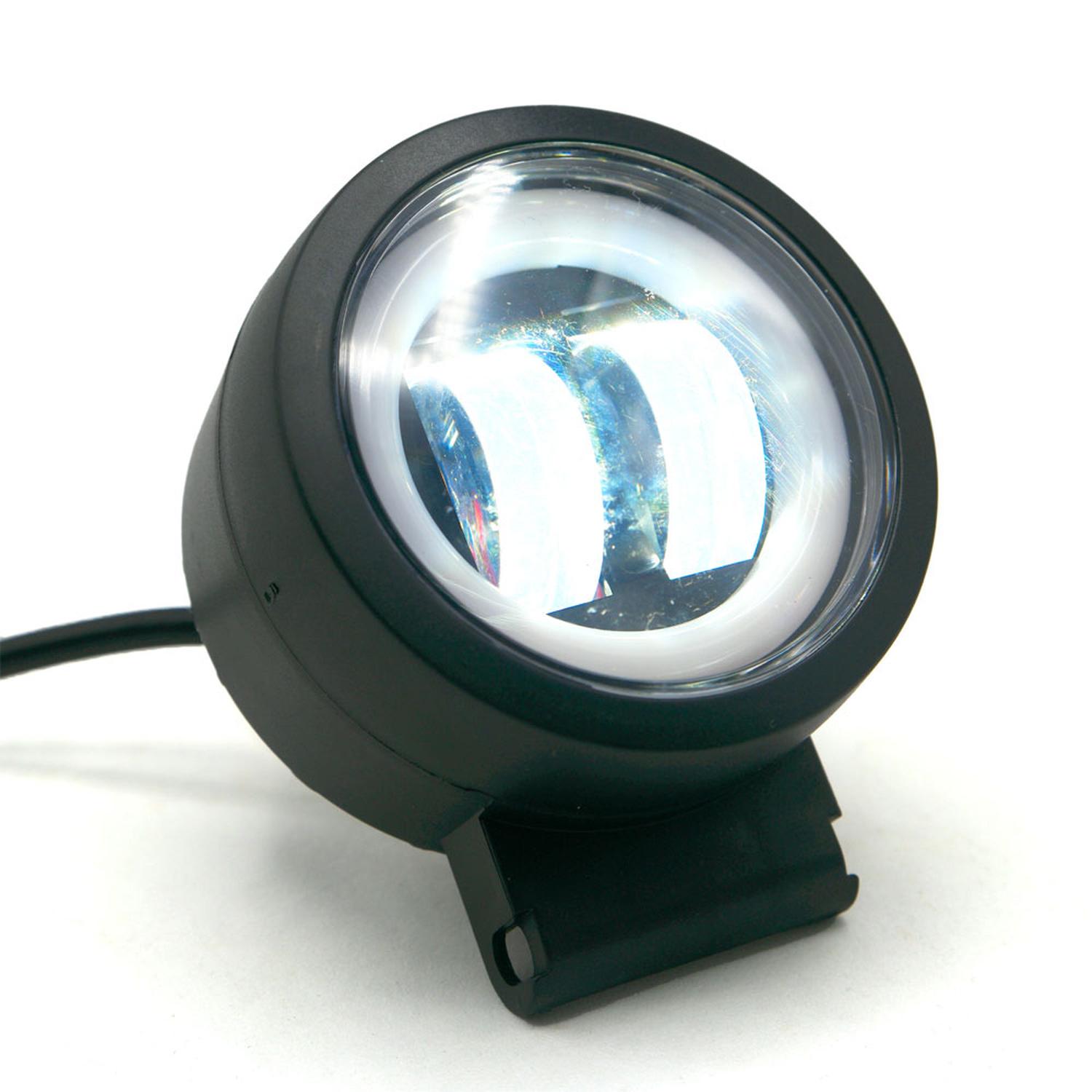 FARO AUXILIAR LED CON LUPA REDONDO CON 2 LED OJO DE ANGEL CON LUZ BLANCA FIJA Y ESTROBO PARA MOTOCIC