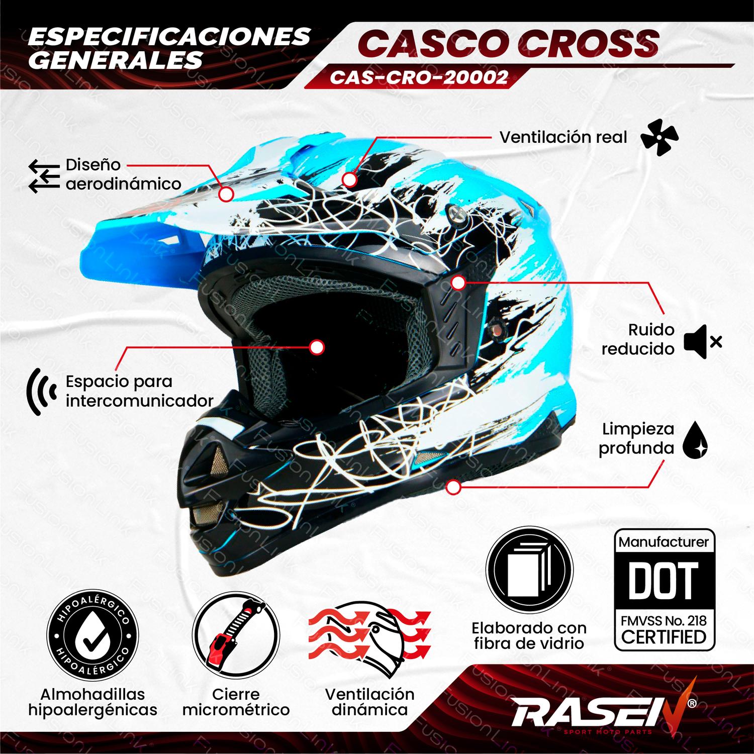 Casco para moto Rasen tipo Cross de fibra de vidrio Azul Nieve DOT