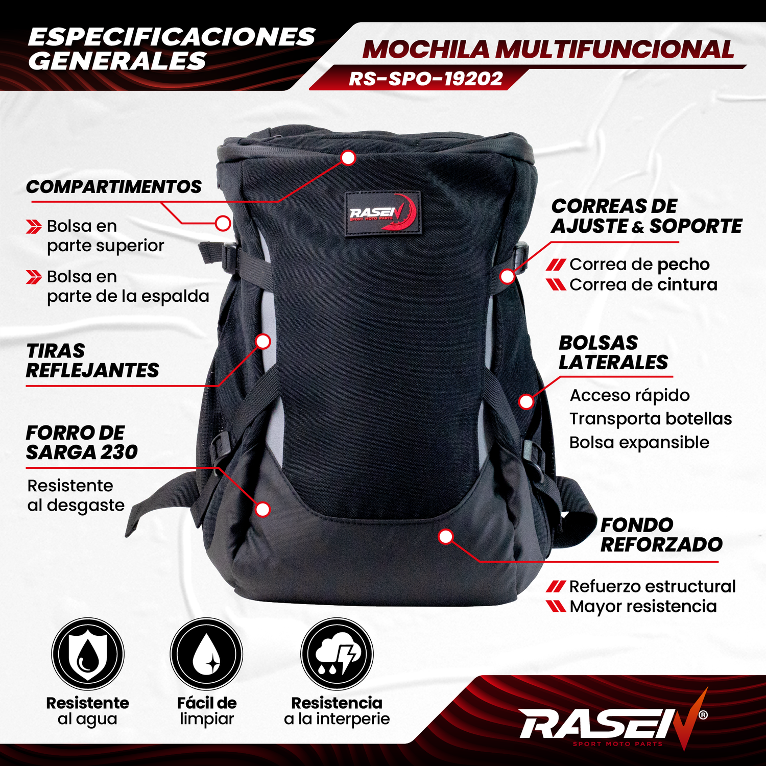 Mochila multifuncional con reflejantes gris para moto Rasen