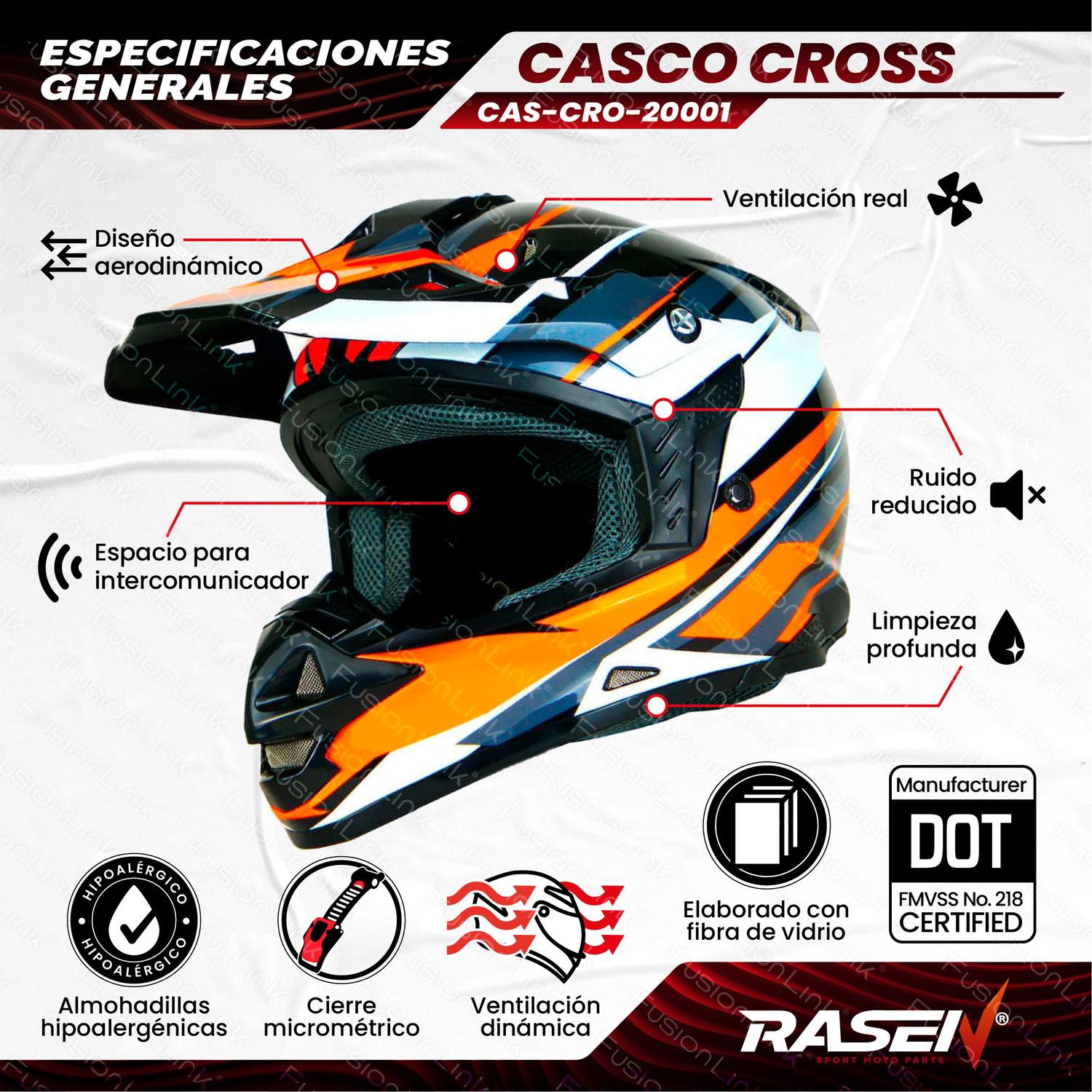 Casco para moto Rasen tipo Cross de fibra de vidrio Naranja DOT