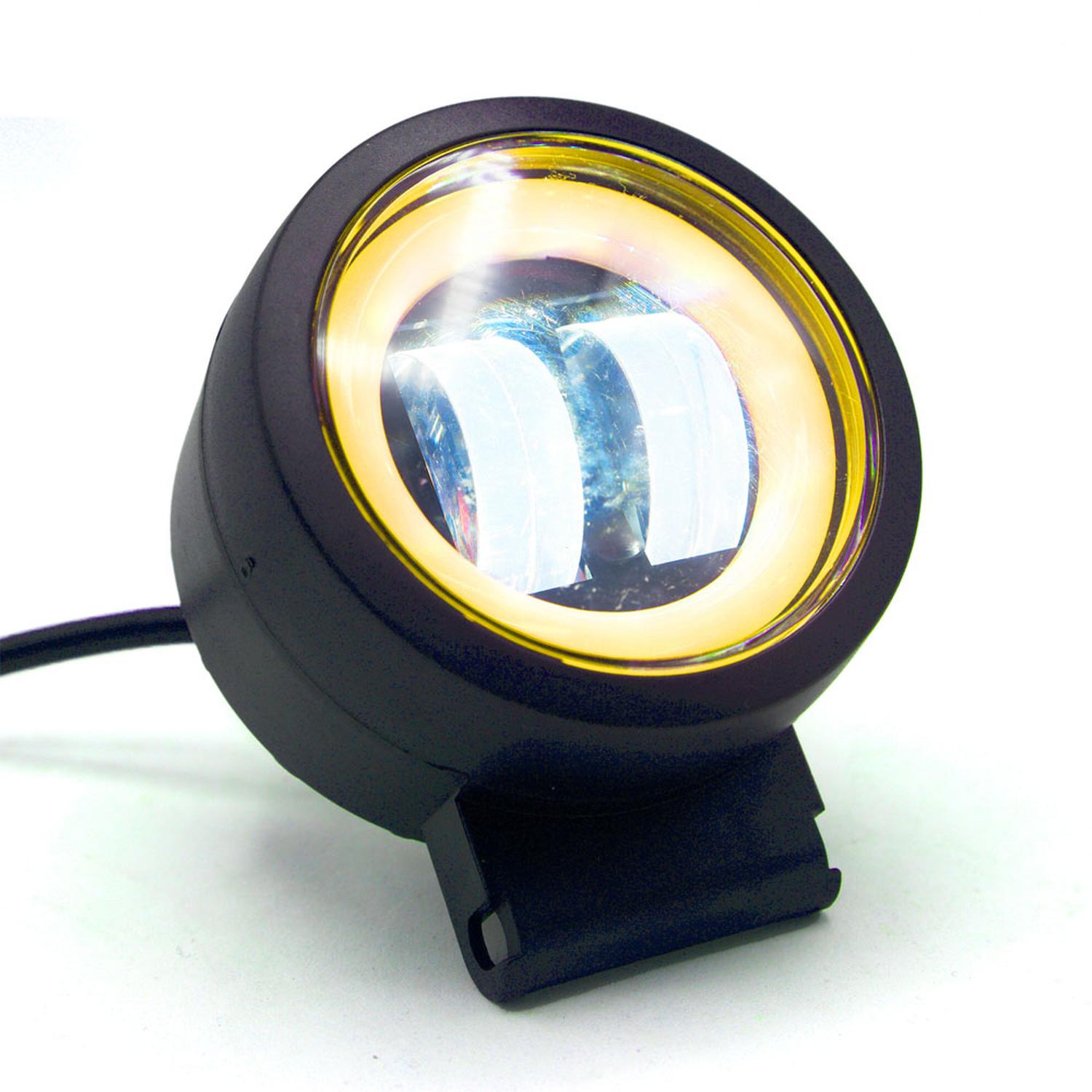 FARO AUXILIAR LED CON LUPA REDONDO CON 2 LED OJO DE ANGEL CON LUZ BLANCA FIJA Y ESTROBO PARA MOTOCIC