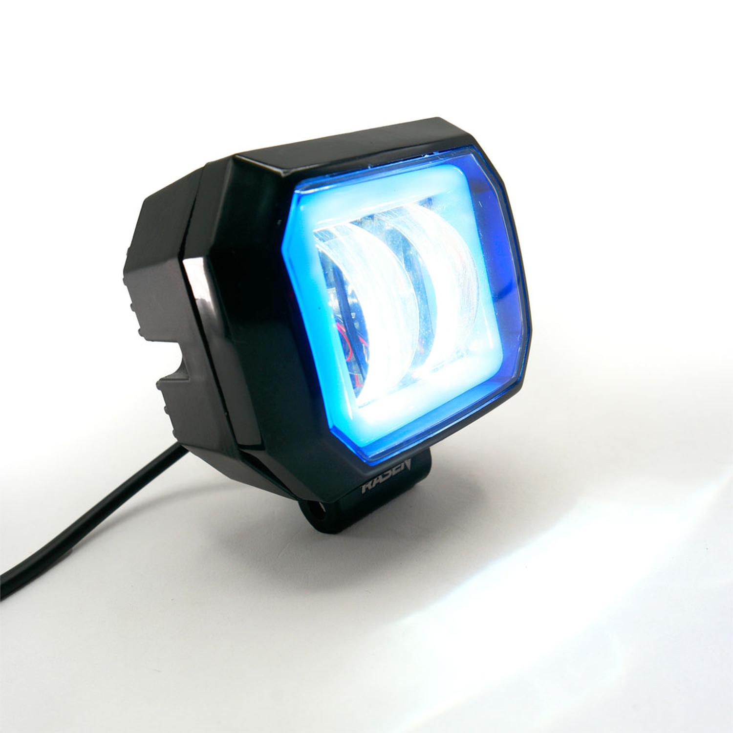 FARO LED CUADRADO MINI 2 LED CON LUPA LUZ BLANCA FIJA Y CON ESTROBO OPCIONAL Y CONTORNO PARA MOTOCIC