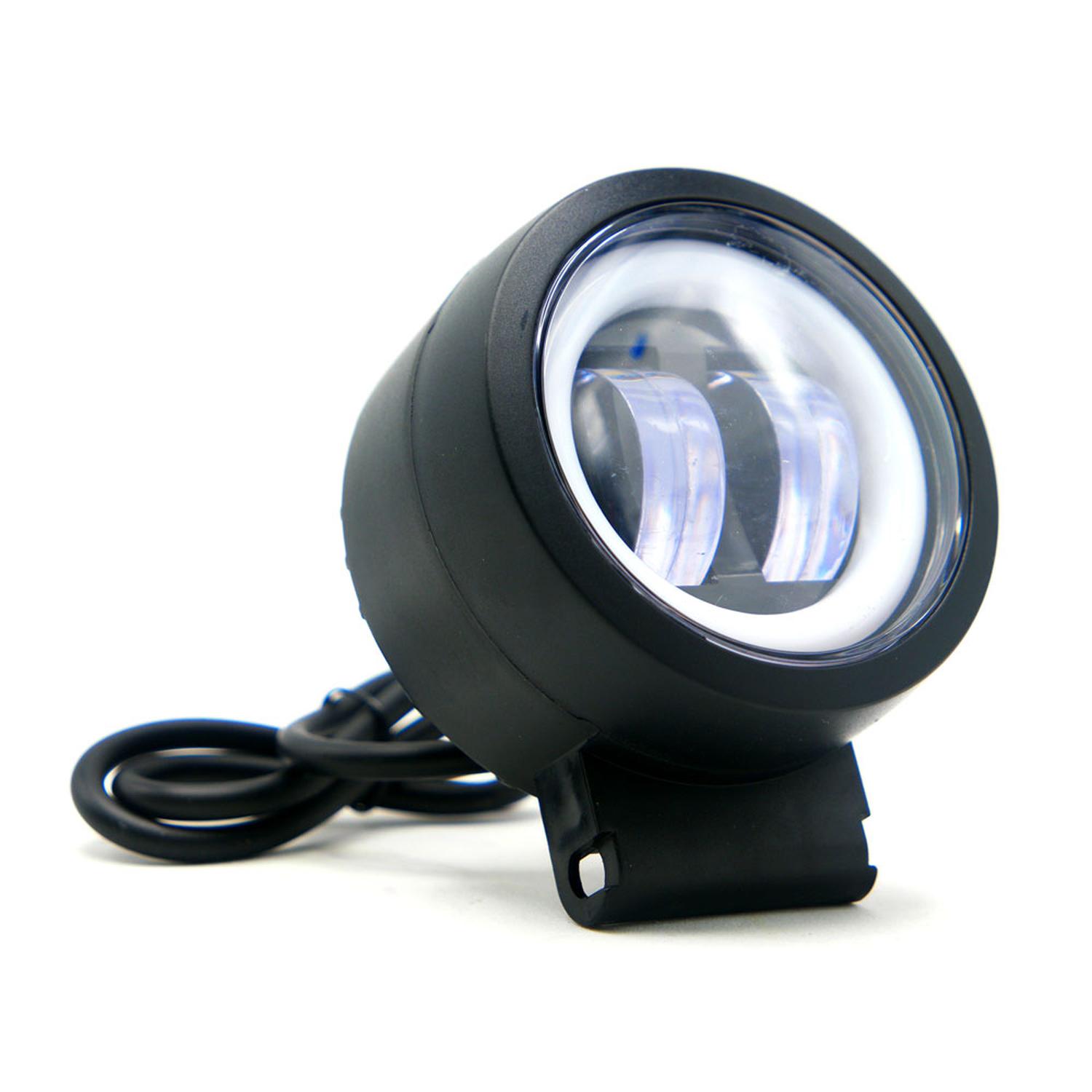 FARO AUXILIAR LED CON LUPA REDONDO CON 2 LED OJO DE ANGEL CON LUZ BLANCA FIJA Y ESTROBO PARA MOTOCIC