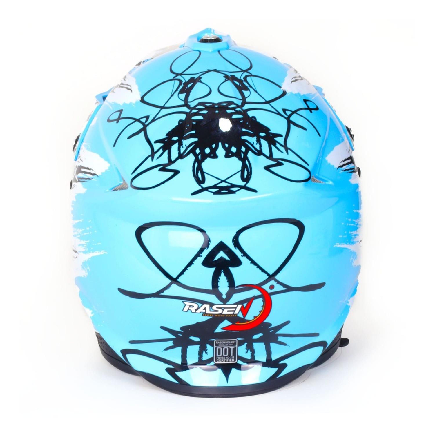 Casco para moto Rasen tipo Cross de fibra de vidrio Azul Nieve DOT